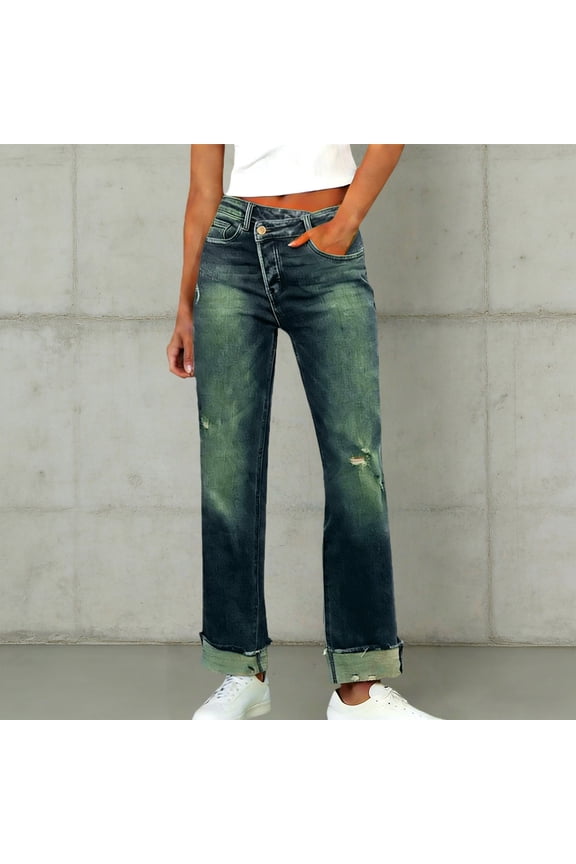 Women's Irregular Waistband Denim Jeans, Elastic Stretch Retro Streetwear Straight Leg Pants, Casual Distressed Jeans for Women, Unisex Baggy Trousers Bronze S
