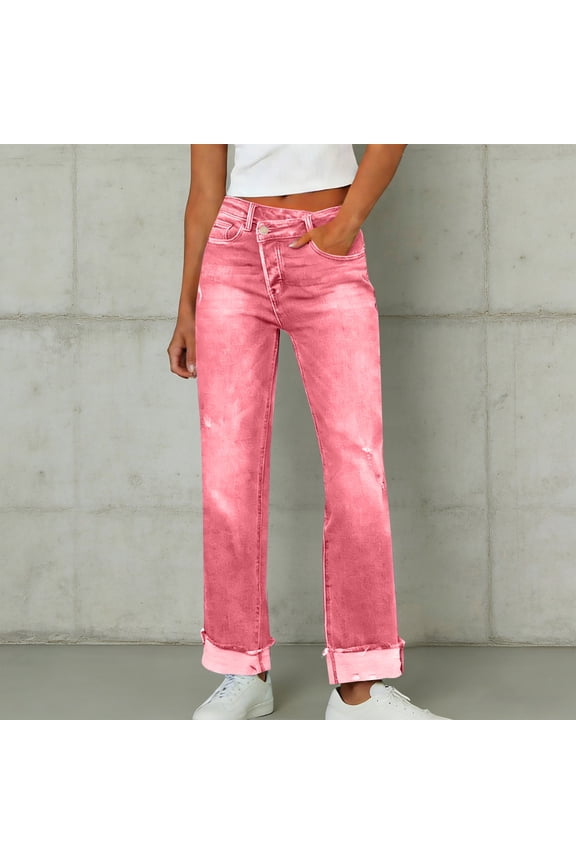 Women's Irregular Waistband Denim Jeans, Elastic Stretch Retro Streetwear Straight Leg Pants, Casual Distressed Jeans for Women, Unisex Baggy Trousers Pink XL