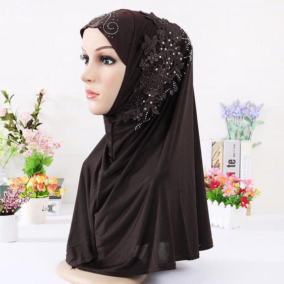 Women's Islamic Hijab with Lace & Rhinestone Embellishment - Modest Headscarf for Prayer & Daily Wear-Coffee