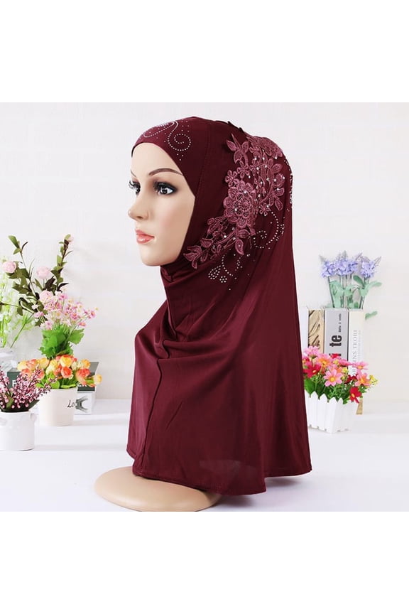 Women's Islamic Hijab with Lace & Rhinestone Embellishment - Modest Headscarf for Prayer & Daily Wear-Red