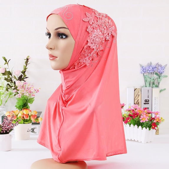 Women's Islamic Hijab with Lace & Rhinestone Embellishment - Modest Headscarf for Prayer & Daily Wear-Wine Red