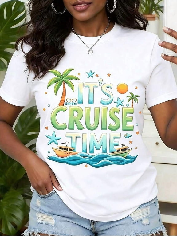 Women‘s “It’s Cruise Time” Tropical Palm Tree Boat Print Lightweight Crew Neck Short Sleeve Casual T-Shirt, Summer Vacation Clothing for Festival Daily Wear