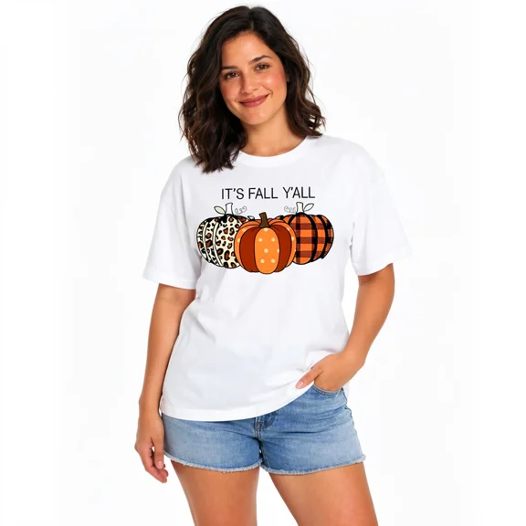 Women's It's Fall Y'all Graphic T-Shirt, Mixed Pattern Pumpkin Cotton Crew Neck Casual Tee