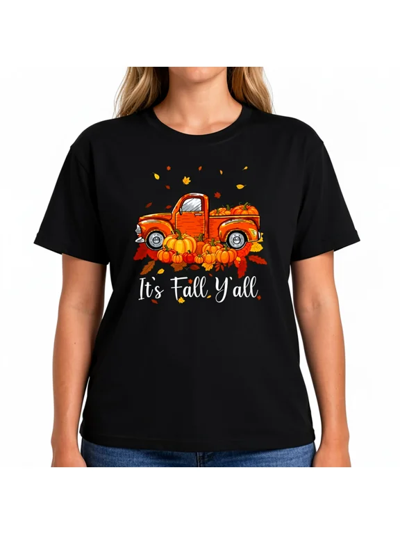 Women's It's Fall Y'all Pumpkin Truck Graphic T-Shirt, Cotton Crew Neck Casual Harvest Tee