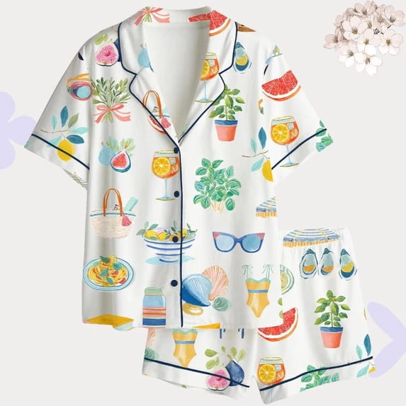 Women’s Italian Summer Satin Pajama Set, Mediterranean Fruit & Drink Print Sleepwear, Cute Lounge PJs Gift for Her