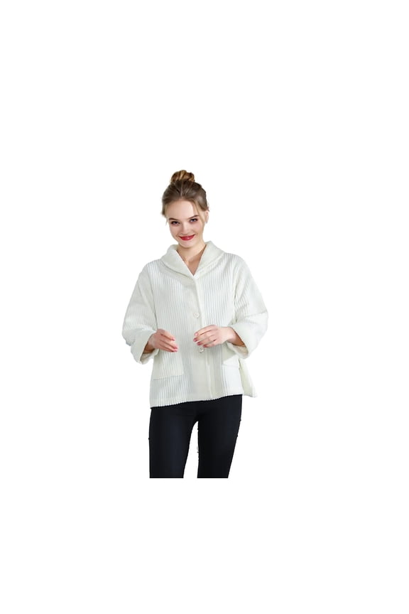 Ivory Drop Needle Coral Fleece Shawl Collar Button Front Bed Jacket - MD