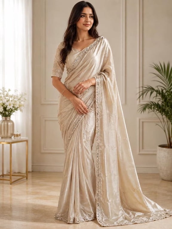 Women's Ivory Embroidered Silk Saree with Designer Blouse Traditional Indian Wedding Festive Party Wear Sari