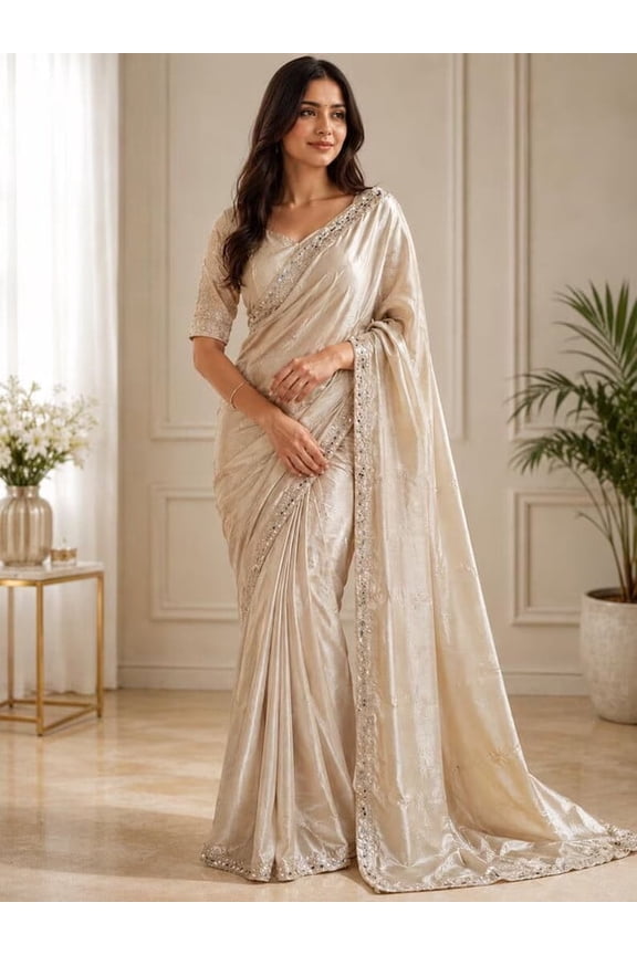 Women's Ivory Embroidered Silk Saree with Designer Blouse Traditional Indian Wedding Festive Party Wear Sari