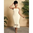 thumbnail image 1 of Women's Ivory Halter Neck Bodycon Midi Dress, Sleeveless Open Back Fringe Hem Textured Party Dress with Side Slit, 1 of 2
