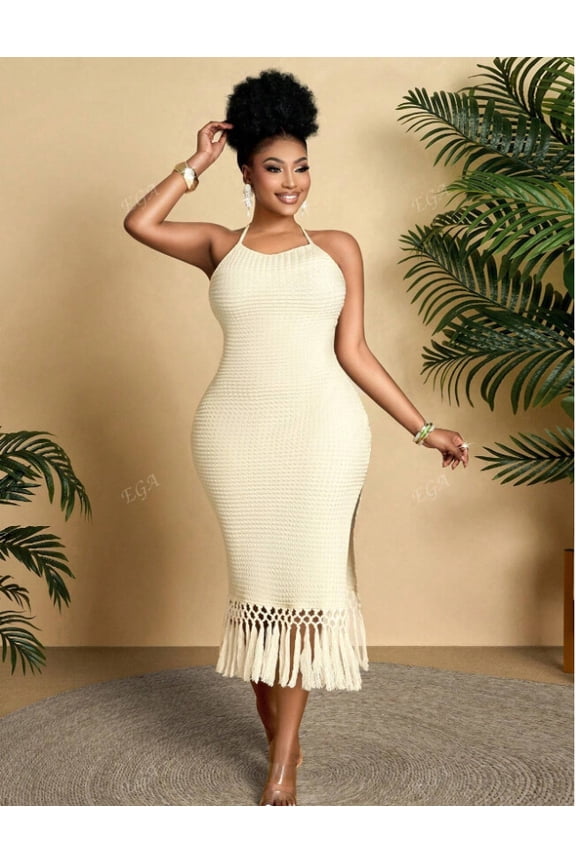 Women's Ivory Halter Neck Bodycon Midi Dress, Sleeveless Open Back Fringe Hem Textured Party Dress with Side Slit