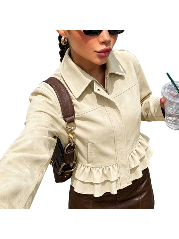 Women's Ivory Peplum Jacket Zip Front Long Sleeve Collared Tiered Ruffle Hem Casual Fall Outerwear