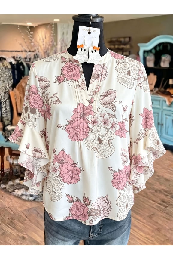 Women's Ivory Pink Sugar Skull Floral Print V-Neck Blouse, 3/4 Ruffle Sleeve Casual Top