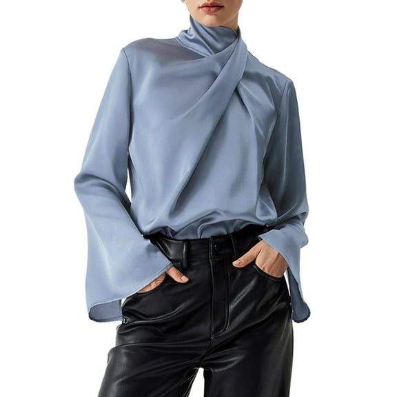 Women's Ivy Asymmetric Pleated Turtleneck Bell Sleeve Blouse - Elegant and Chic - [ZhiHiMeRi] | (US 12-14)L