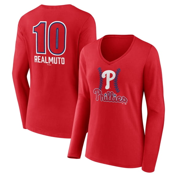 Women's J.T. Realmuto Red Philadelphia Phillies Fastball Player Name & Number Long Sleeve V-Neck T-Shirt