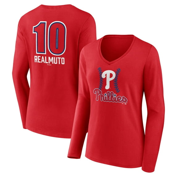 Women's J.T. Realmuto Red Philadelphia Phillies Fastball Player Name & Number Long Sleeve V-Neck T-Shirt