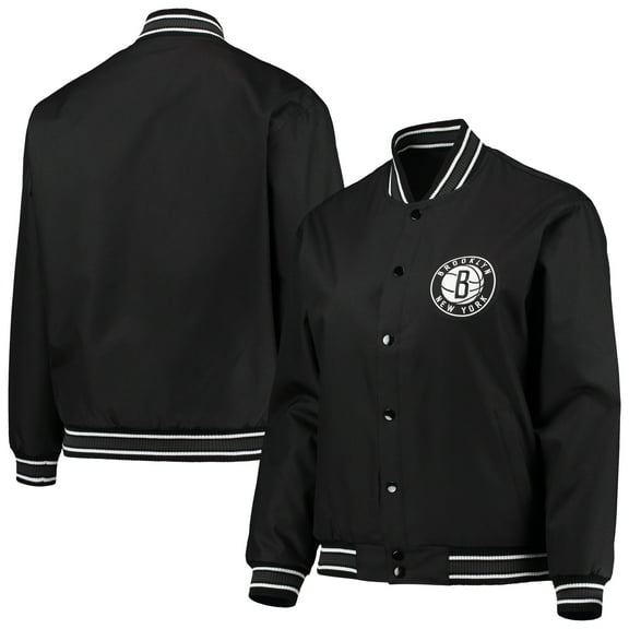 Women's JH Design Black Brooklyn Nets Plus Size Poly Twill Full-Snap Jacket