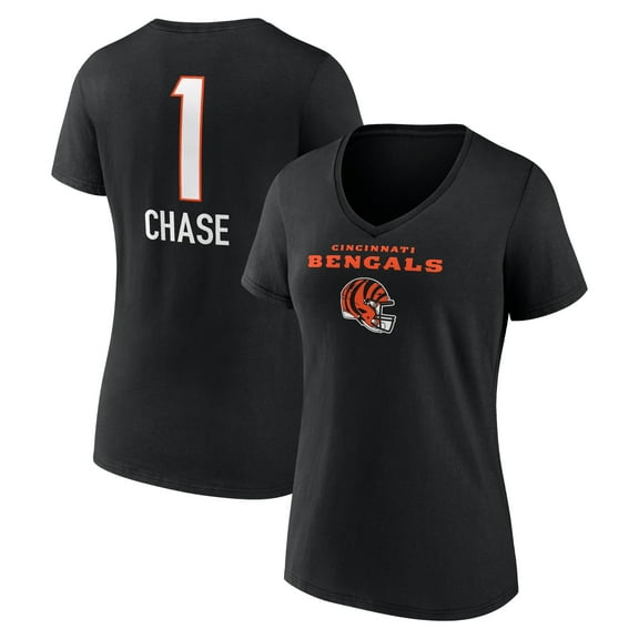 Women's Ja'Marr Chase Black Cincinnati Bengals Team Wordmark Player Name & Number V-Neck T-Shirt