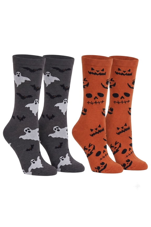 Women's Jack O Lantern and Bats & Ghosts Halloween Socks Novelty Crew 2-Pack