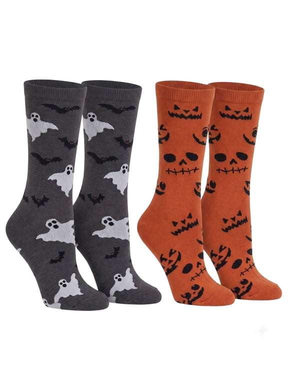 Women's Jack O Lantern and Bats & Ghosts Halloween Socks Novelty Crew 2-Pack
