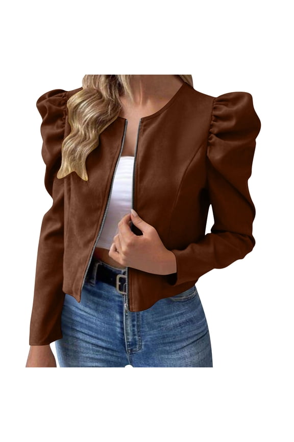 Women's Jacket 2026 Fall Casual Blazers Puff Sleeve Lapel Open Front Work Suit Office Blazer Jackets with Pockets (M, Brown)
