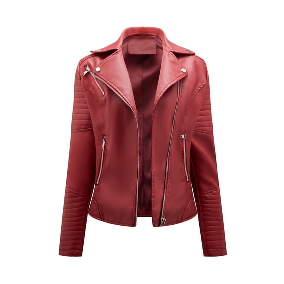 Women's Jacket Belted Leather Moto Solid Long Sleeve Lapel Zipper Slim Cropped Lightweight Outerwear