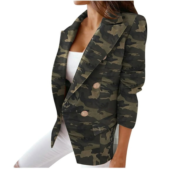 Women's Jacket Blazer Double-breasted Long Sleeves Thick Cardigan Business Winter Coat Female Clothes Camouflage L