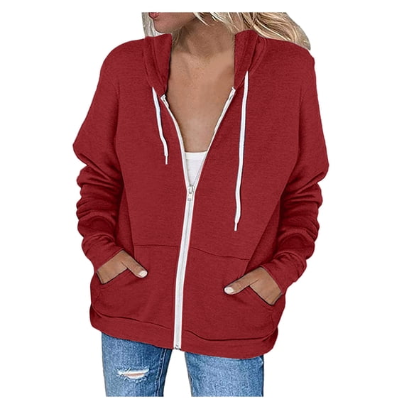 Women's Jacket Full Zip Up Hoodies Oversize Solid Long Sleeve Drawstring Hooded Sweatshirts Kangaroo Pocket Lightweight Outerwear