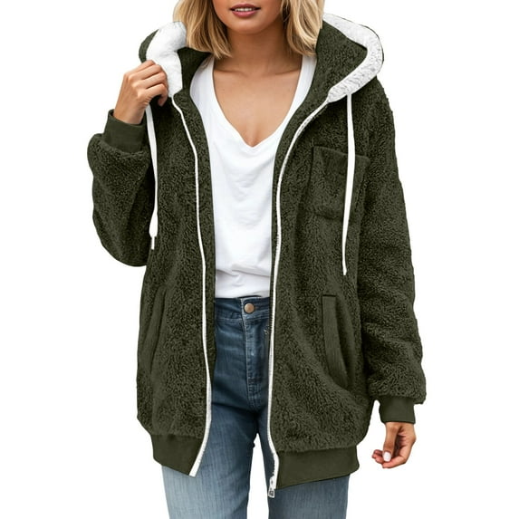 Women's Jacket Fuzzy Sherpa Fleece Zipper Drawstring Warm Hoodie With Pocket Oversize Casual Trendy Jacket