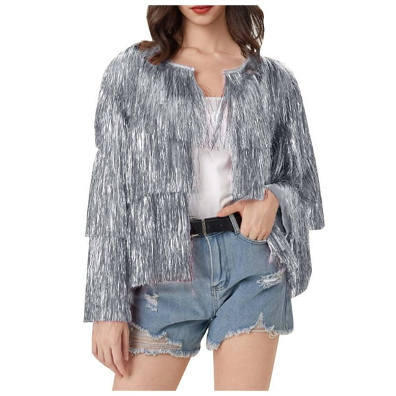 Women's Jacket Glitter Tassel Cropped Fashion Long Sleeve Open Front Festival Carnival Fringe Fall Jacket