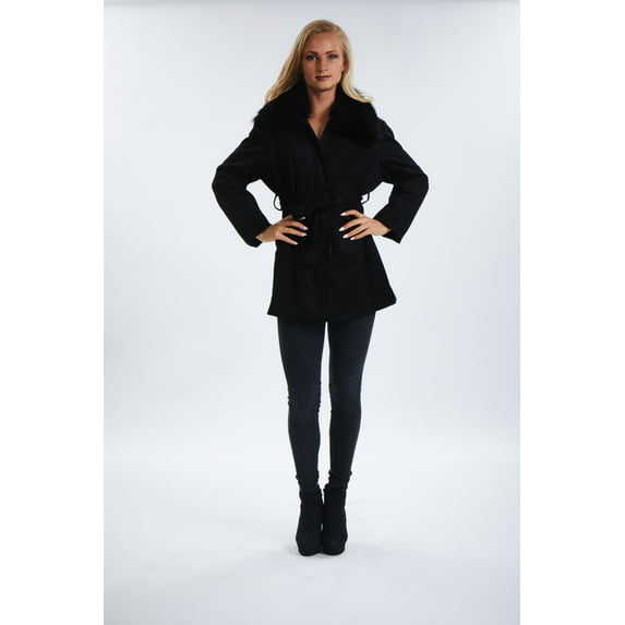 Women’s Jacket Kashmir Wool W Faux Fur Detachable Collar Black