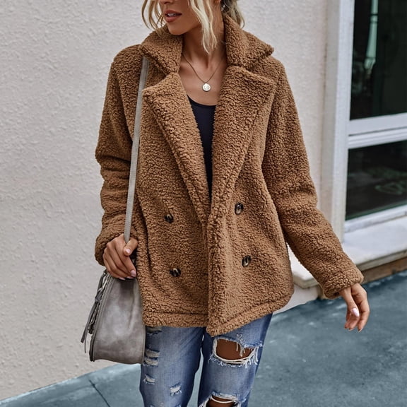 Women's Jacket Long Sleeved Winter Plush Lapel Double Button Plush Coat for Cold Weather, in Camel, Size S