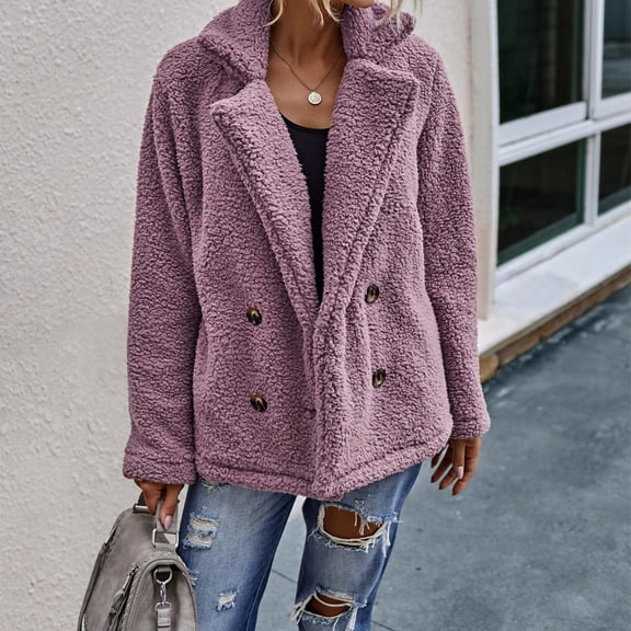 Women's Jacket Long Sleeved Winter Plush Lapel Double Button Plush Coat for Cold Weather, in Pink, Size XL