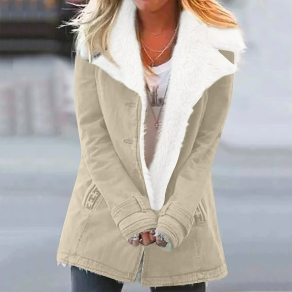 Women's Jacket Sherpa Fleece Lined Warm Winter Coat Button Down Casual Jacket with Pockets Beige S