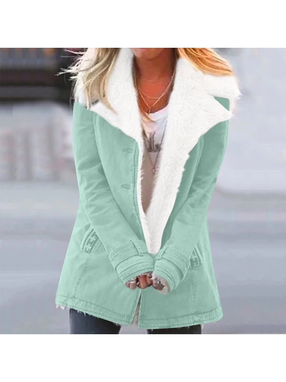 Women's Jacket Sherpa Fleece Lined Warm Winter Coat Button Down Casual Jacket with Pockets Mint Green S