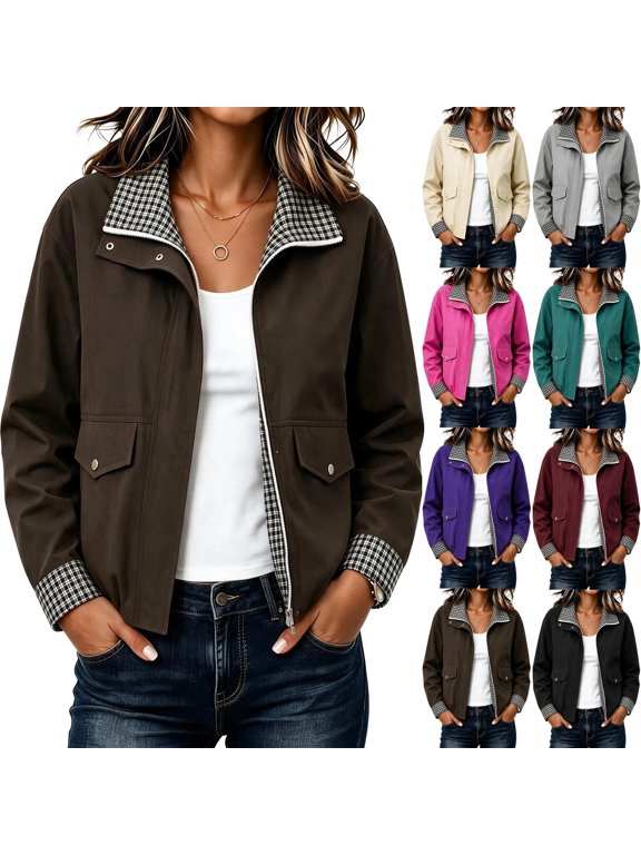 Women's Jacket Solid Color Checkered Lining Full Zipper Windbreaker Waterproof Button Pockets Lightweight for Outdoor Wearing
