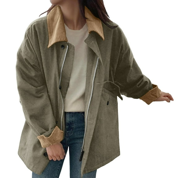 Women's Jacket Vintage Oversized Barn Jcakets for Women Corduroy Lapel Collar, Windproof Warming Trench Jacket Coat, Casual Trendy Fall Coats