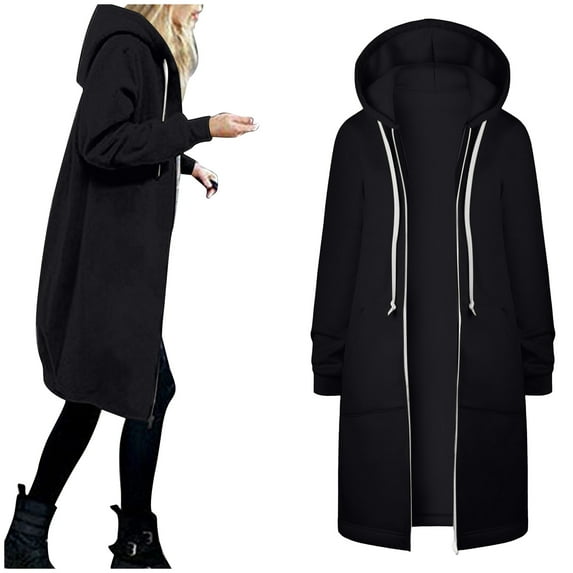 Women's Jacket Warm Hooded Coat Winter Outwear Long Cardigan Zipper Drawstring Thin Open Front Pockets Tops