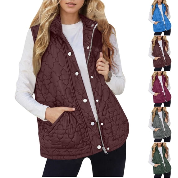 Women's Jacket Warm Winter Coat Quilted Vest Stand Collar Zip Up Snap Button Sleeveless Puffer Gilet Casual Lightweight Warm Windproof Layering Waistcoat with Pockets