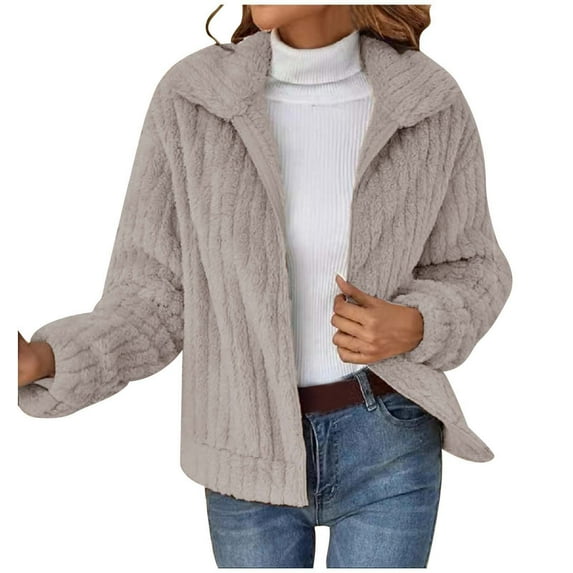 Women's Jacket Warm Zippered Long Sleeve Lapel Coat Soft Solid Color Outerwear for Autumn Winter Comfort