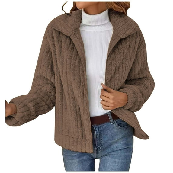 Women's Jacket Warm Zippered Long Sleeve Lapel Coat Soft Solid Color Outerwear for Autumn Winter Comfort