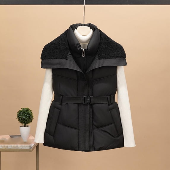 Women's Jacket Winter Sleeveless Furry Trim Peplum Parka Coat with Belt Women's Quilted Winter Coat Waterproof Puffer Jacket Coats For Women