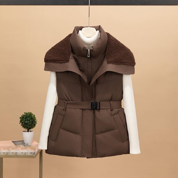 Women's Jacket Winter Sleeveless Furry Trim Peplum Parka Coat with Belt Women's Quilted Winter Coat Waterproof Puffer Jacket Coats For Women