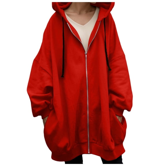 Women's Jacket Winter Warm Zip Up Hooded Long Coat Casual Streetwear Outerwear For Fall And Cold Weather Red, XL