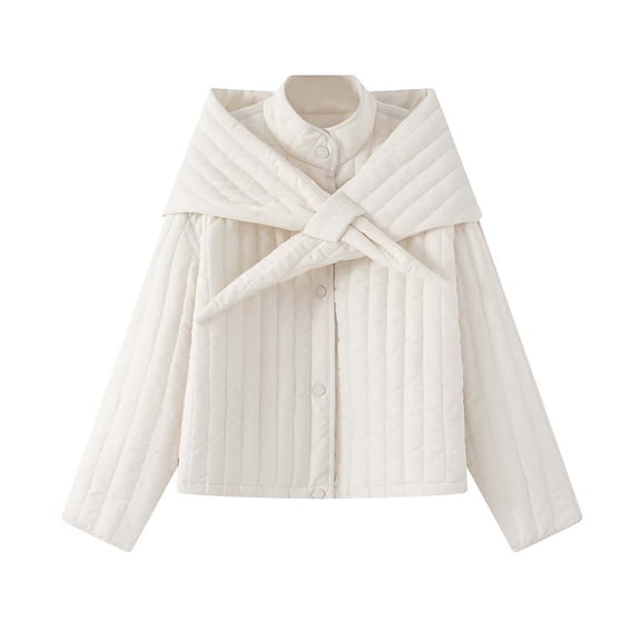 Women's Jacket With Detachable Scarf Stand Collar Button Down Shackets Thermal Stylish Casual Winter Outwear (L, White)