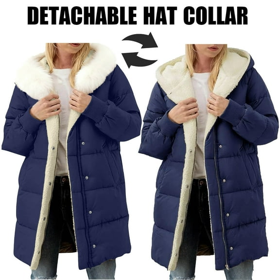 Women's Jacket Woman Coat Winter Womens Hoodie Women's Winter Long Coat Long Sleeve Jacket Hooded Jacket With Pockets Detachable Hat Collar Navy XL