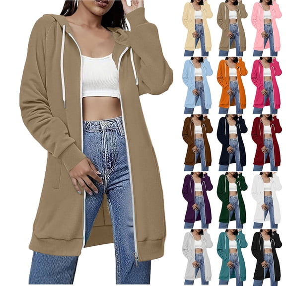 Women's Jacket Woman Coat Women's Hoodies Women's Solid Color Double Pocket Hoodie Sweatshirts Shoulder To Long Sleeves And Hooded Mid Length Casual Outwear Khaki XL