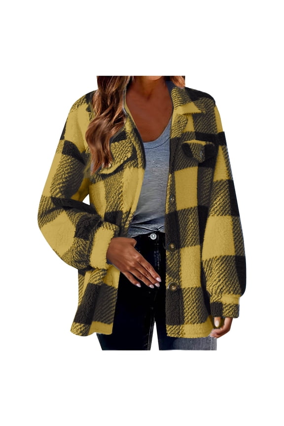 Women's Jacket Wool Lamb Plaid Shirts Long Sleeve Flannel Lapel Button Down Cardigan Boyfriend Shacket Lightweight Outerwear