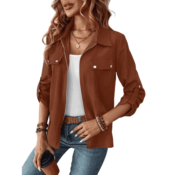 Women’s Jackets Fall Long Sleeve Lapel Zipper Pocket Button Street Style Casual Chic Motorcycle Coat S-2XL