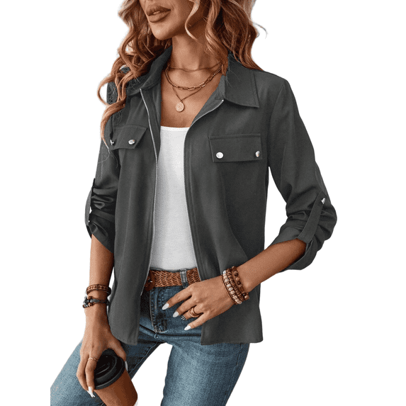 Women’s Jackets Fall Long Sleeve Lapel Zipper Pocket Button Street Style Casual Chic Motorcycle Coat S-2XL