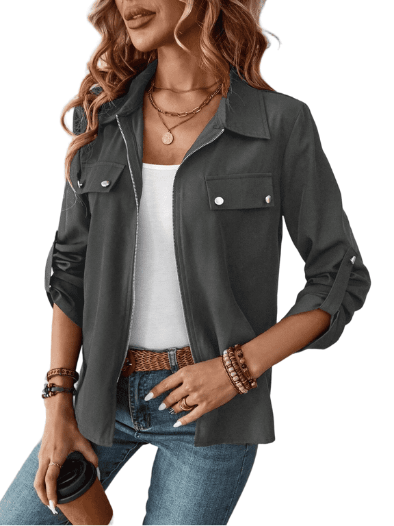 Women’s Jackets Fall Long Sleeve Lapel Zipper Pocket Button Street Style Casual Chic Motorcycle Coat S-2XL